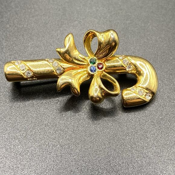 Vintage Merksamer Rhinestone Candy Cane Brooch Christmas Bow Gold Tone - Picture 3 of 7